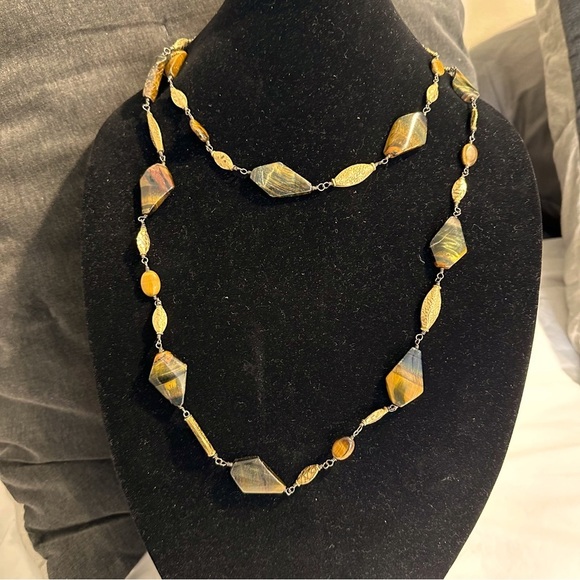 Tiger’s Eye Stone Beaded Statement Gold Tone Necklace - Picture 1 of 10